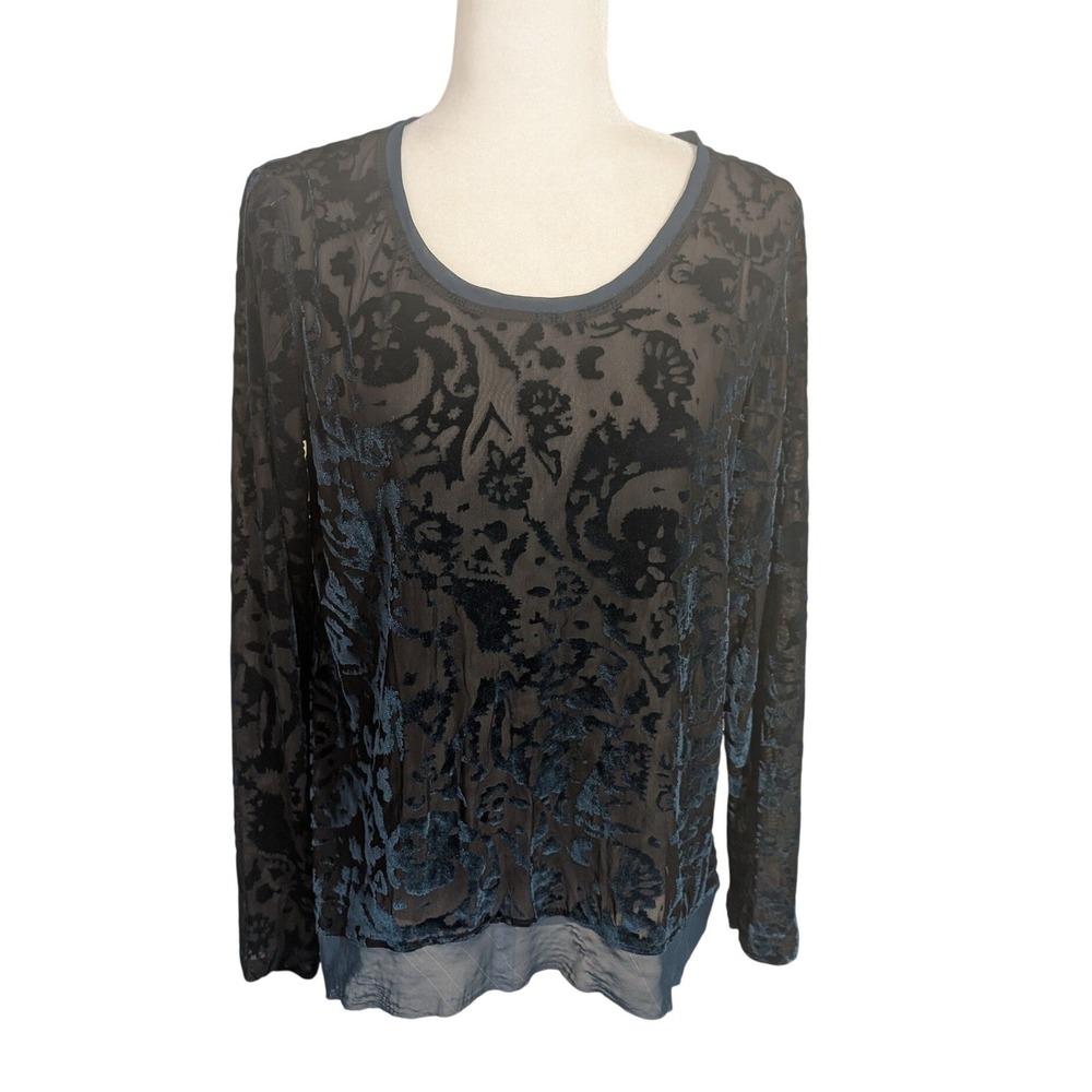 Simply Vera Vera Wang Burnout Velvet Blouse Teal Black Boho Sheer Top Large
